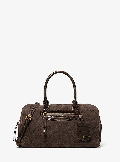 Jet Set Travel Medium Logo Embossed Suede Duffel Crossbody Bag